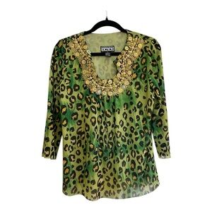 EUC Berek2 Embellished Leopard Print Top Green Gold Jeweled Neckline Y2K Glam